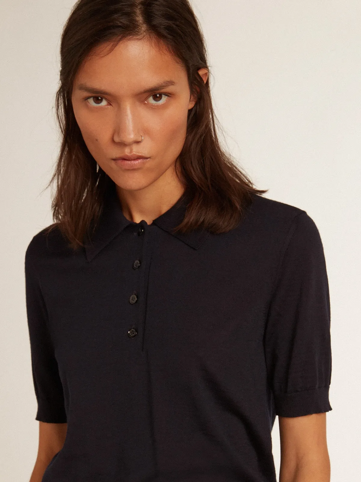 Women’s polo shirt in navy-blue merino wool