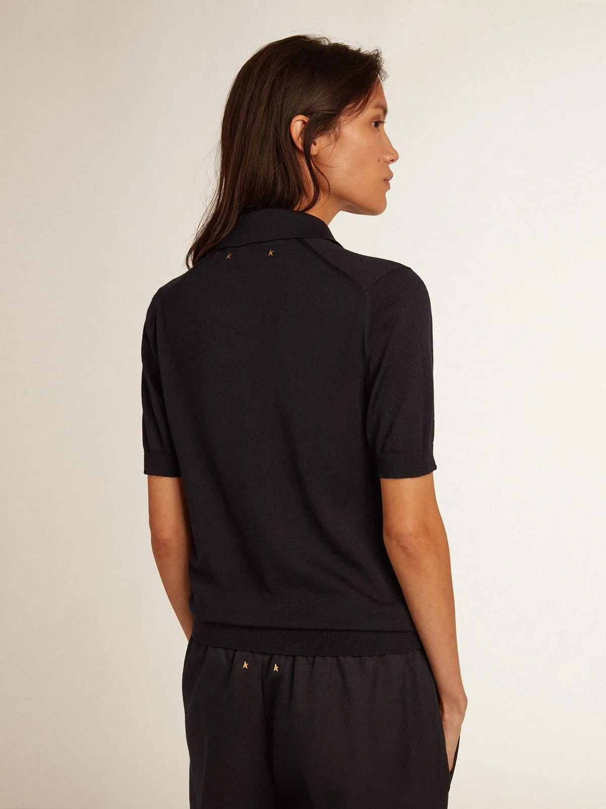 Women’s polo shirt in navy-blue merino wool